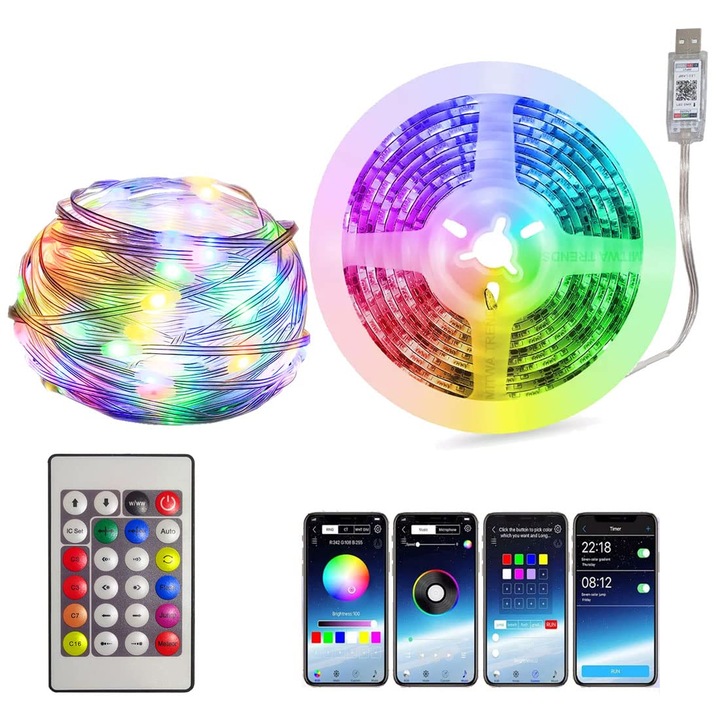 Коледни лампички, Смарт, 10 метра, RGB, LED, С музикална синхронизация, Smart APP Control / 24-бутонно дистанционно управление