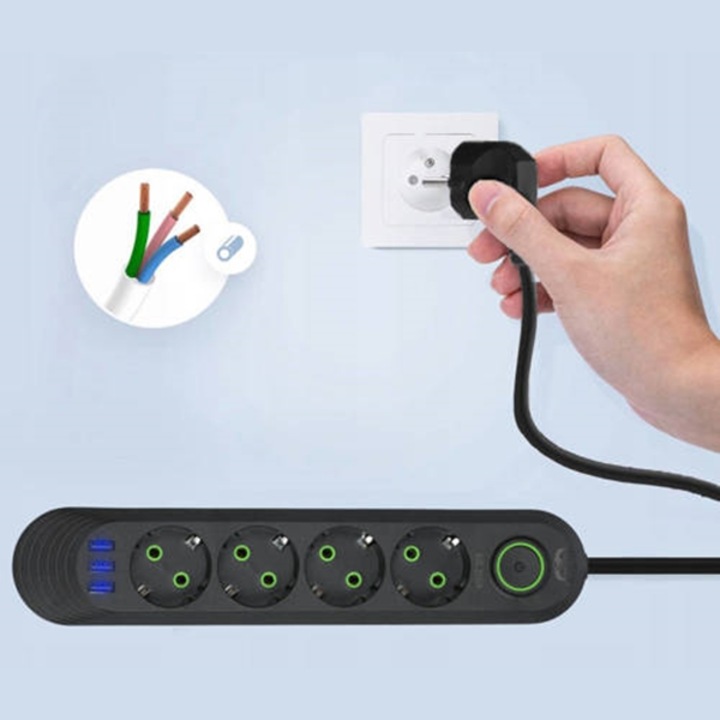 Prelungitor, USB, 2500W, Negru