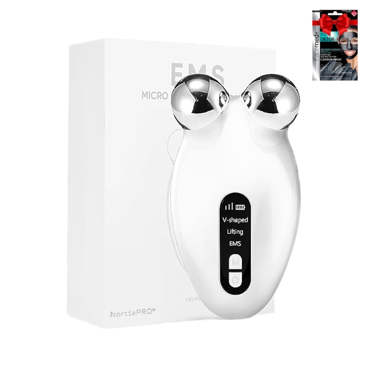 Dispozitiv de Tonifiere Faciala Cu Microcurent, NortiaPRO®, Aparat de Lifting Facial, Terapie Anti-Imbatranire Pentru Fata si Gat, Eliminarea Barbiei Duble, Indepartarea Ridurilor, Imbunatatirea Texturii & Elasticitatatii Pielii, Masca Pentru Fata, Alb
