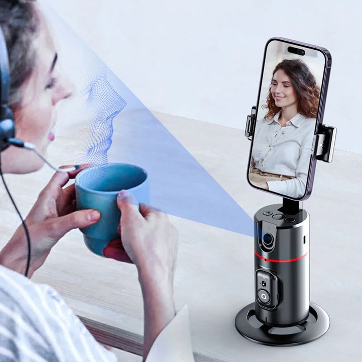 AI Stabilizátoros Gimbal, Arcfelismerési, Arcfelismerési és Arckövetési Funkcióval Rendelkező Kamera Stabilizátor, Arcfelismerés és Arckövetés Az Felvétel Közben, 360°-os Vertikális és Horizontális Forgatás, Előre-Hátra Ingázás 180°, Fekete