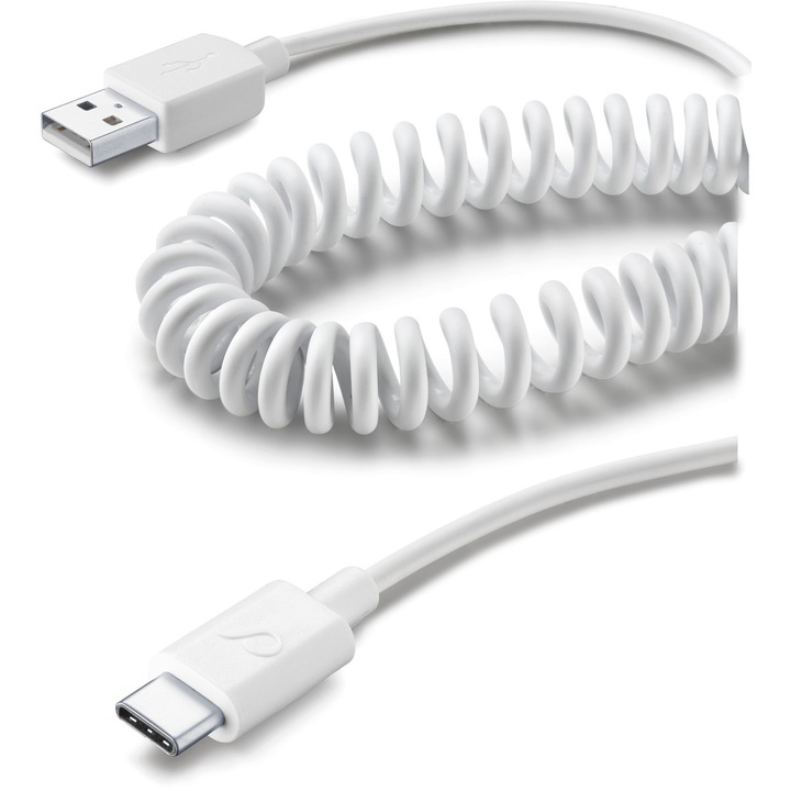 Cablu Date Cellularline, Spiral Car USB-C 100cm, Alb