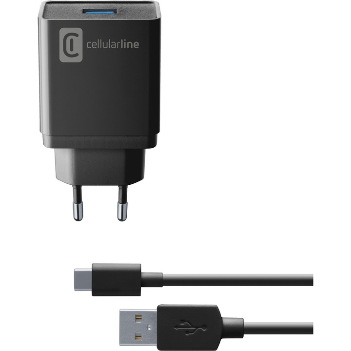 Incarcator retea Cellularline 1xUSB 10W cu cablu USB-C, Negru