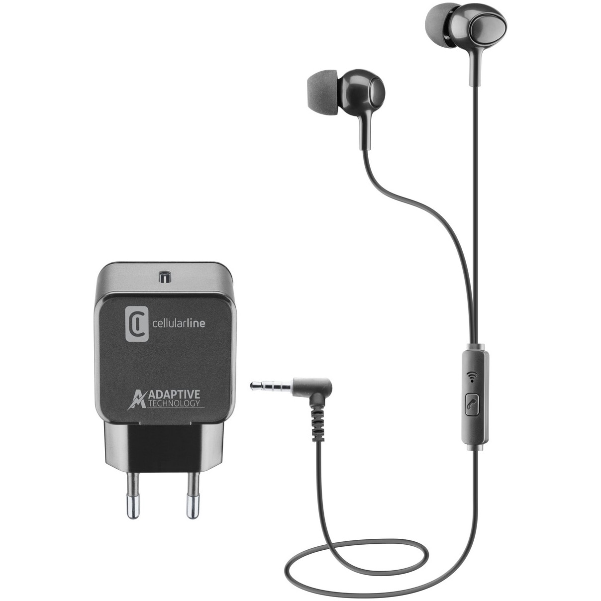 Kit Cellularline Incarcator retea 1xUSB-C si Casti audio Jack 3.5mm, Negru