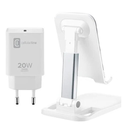 Set Cellularline Incarcator retea 1xUSB-C 20W si Suport telefon de birou, Alb