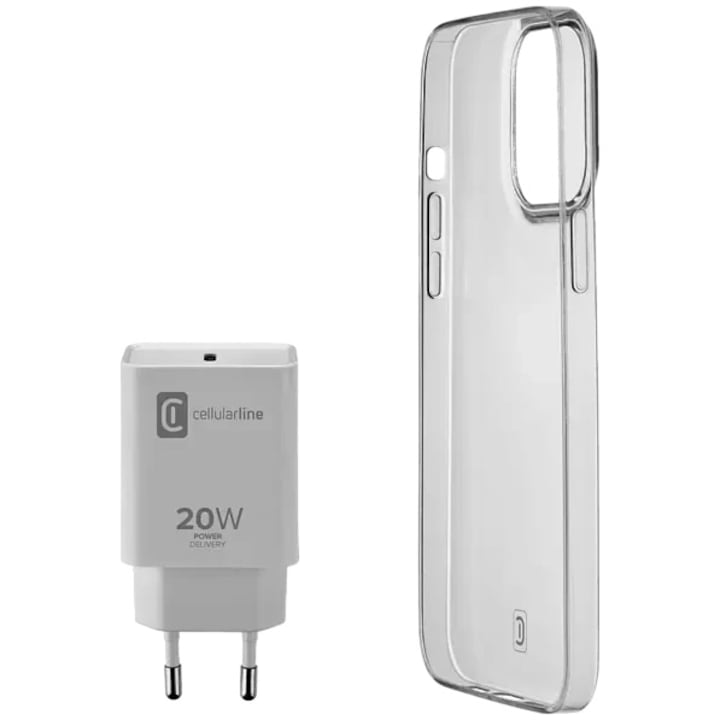 Комплект Мрежово зарядно устройство Cellularline, 1XUSB-C 20W, Бял, Калъф за iPhone 13 Mini, Прозрачен