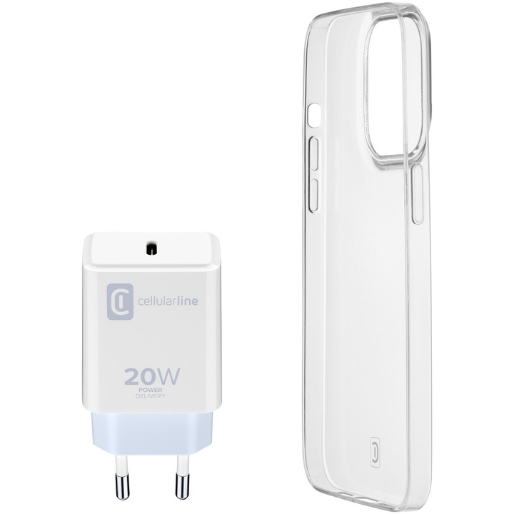 Set Cellularline Incarcator retea 1XUSB-C 20W, Alb si Husa spate pentru Iphone 14 Pro, Transparent