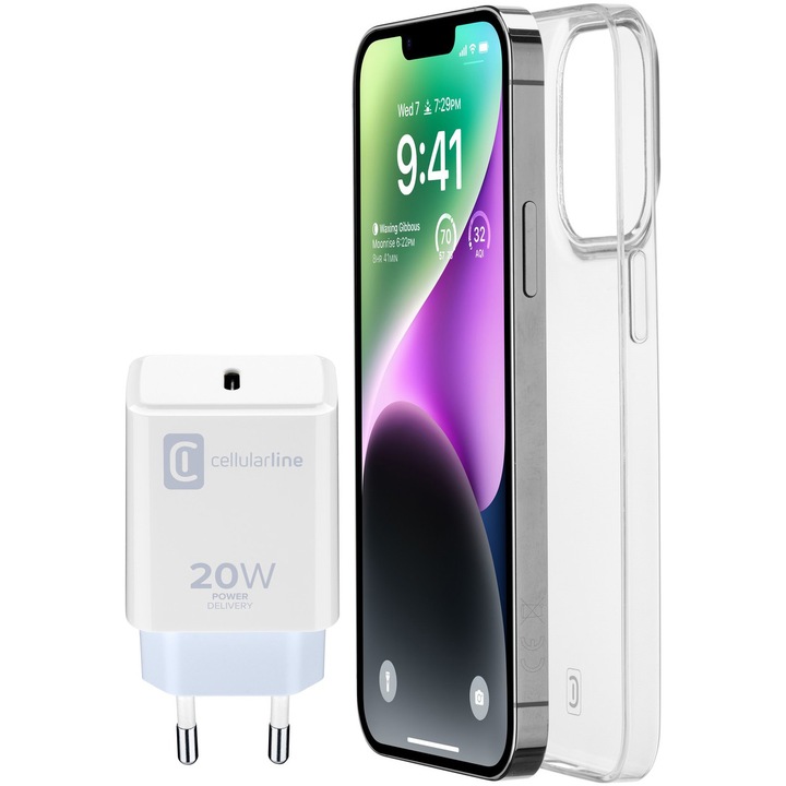 Комплект Cellularline Мрежово зарядно устройство, 1XUSB-C, 20W, Бял, Калъф за iPhone 14 Plus, Прозрачен