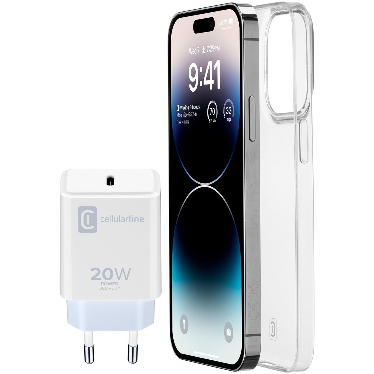 Set Cellularline Incarcator retea 1XUSB-C 20W, Alb si Husa spate pentru Iphone 14 ProMax, Transparent