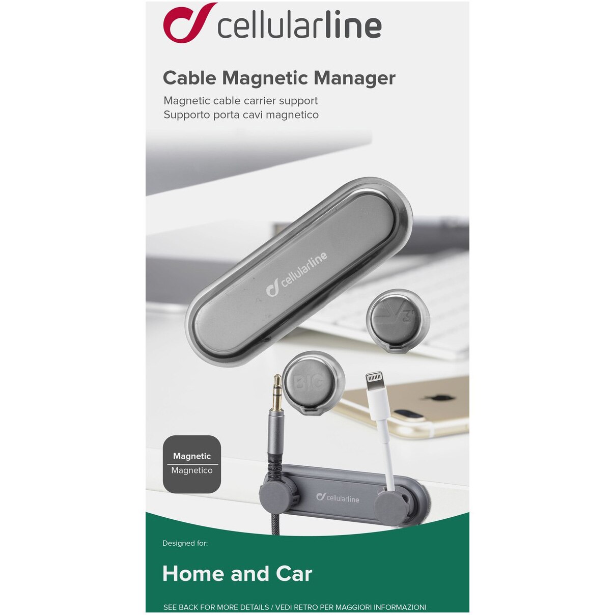 Suport magnetic pentru cabluri Cellularline pentru masina sau birou, Negru