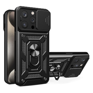 Husa telefon compatibila cu iPhone 15 Pro Max, protectie camera Slide and Snap Soft Premium, Magnetic Ring Holder, PopGrip, Anti-Shock, Rugged Protection, Negru