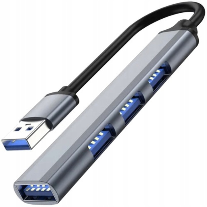 Хъб, Iso Trade, 4xUSB, Алуминий, 9x1.7x0.9 см, Сив/Черен