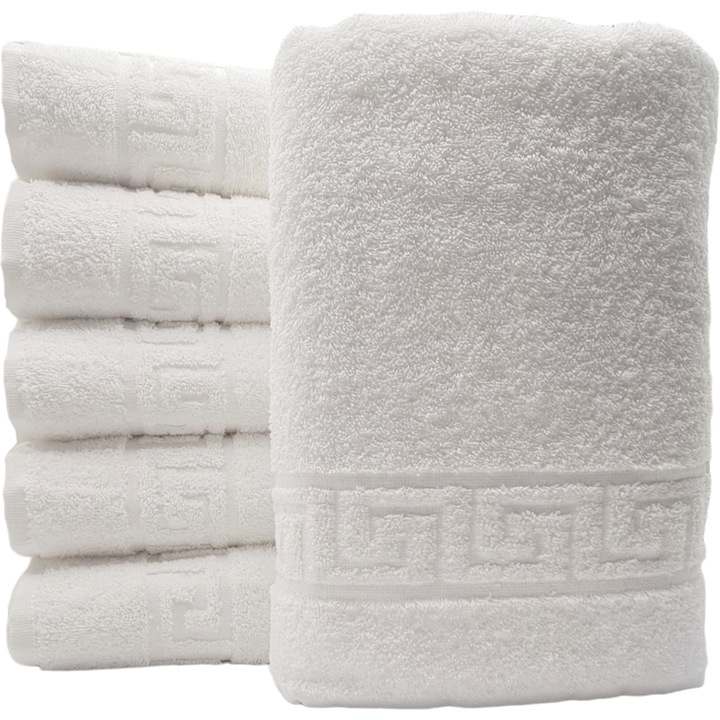 Комплект от 6 пухкави кърпи за тяло, хотелски, premium, StarFashion, 70x140 см, 100% памук, 500 гр, гръцки десен, бели