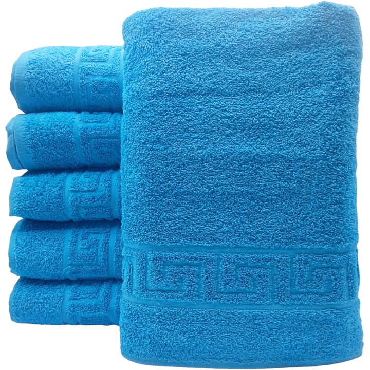 Set 10 prosoape pufoase de corp, hoteliere, premium, StarFashion, 70x140 cm, 100% bumbac, 500 gr, model grecesc, turcoaz