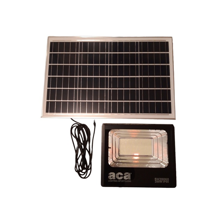 Proiector Led cu Panou Solar, Cablu 5M si Telecomanda, Negru, 200W, IP66, Lumina Rece 6000k, Acumulator 3, 2 V/30 Ah LiFePO4