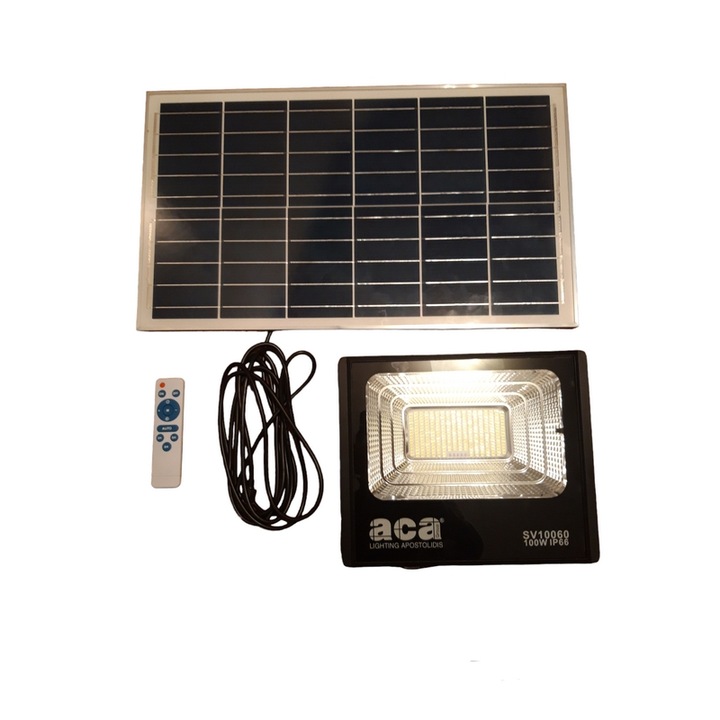 Proiector Led cu Panou Solar, Cablu 5M si Telecomanda, Negru, 100W, IP66, Lumina Rece 6000k, Acumulator 3, 2 V/24 Ah LiFePO4