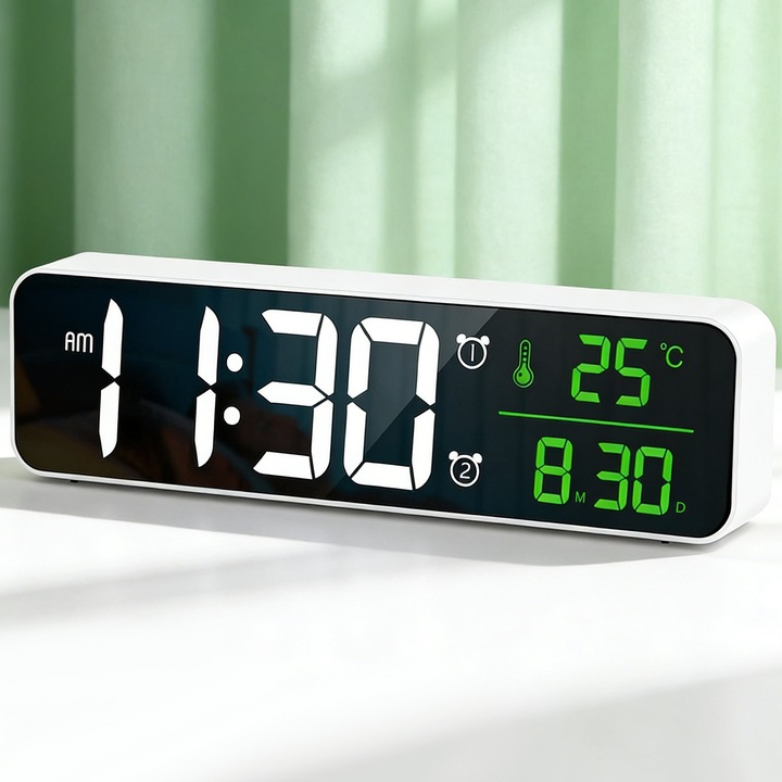 Ceas Digital de Perete, BYONDSELF®, Display LED, Termometru, Functie de alarma dubla, 5 niveluri de luminozitate, 40 de melodii, alb