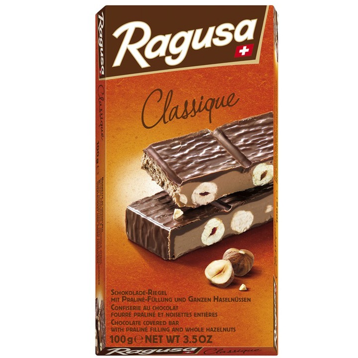 Ciocolata cu lapte cu umplutura de Praline si Alune intregi, Ragusa, 100g