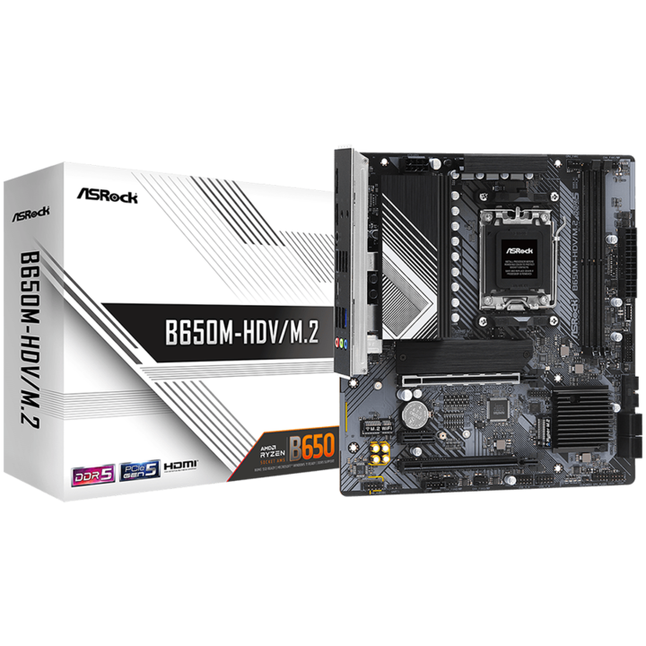 Дънна платка ASROCK MB Desktop B650M-HDV/M2, AM5, 2x DDR5, 2x PCIe 4.0 x16, 1x PCIe 4.0 x1, 1x Blazing M.2(PCIe Gen5x4), 1x Hyper M.2(PCIe Gen4x4), 1x M.2, 4x SATA3 6.0 Gb/s, 1x HDMI, 1x DisplayPort, 2.5G LAN, 7x USB 3.2, 8x USB 2.0, 1x USB- B650M-HD EoL