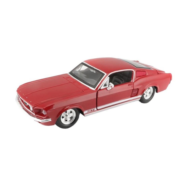Ford Mustang GT 1967 modellautó, 1/24, piros, műanyag/fém, mozgatható elemekkel