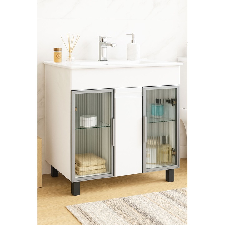 Set mobilier baza si lavoar, Badenmob, seria 058, 80.01x84x45cm, Alb