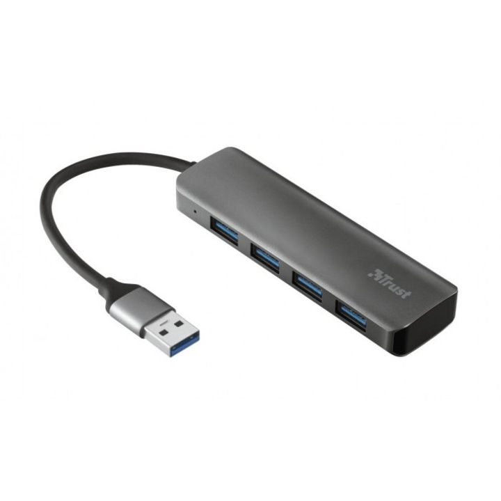 Хъб, Trust, Алуминиев, USB-A 3.2, USB-A 3.1, T/M, 1 m, 30 x 100 x 14 mm, Черен