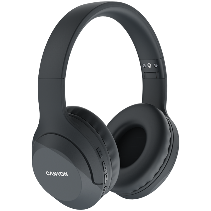 CANYON BTHS-3, Canyon Bluetooth headset, with microphone, BT V5.1 JL6956, battery 300mAh, Type-C charging plug, PU material, size:168*190*78mm, charging cable 30cm and audio cable 100cm, Dark grey CNS-CBTHS3DG
