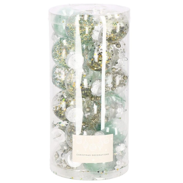 Set globuri de Craciun Inedit, 24 bucati, 5cm, transparente si verde+