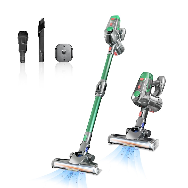 Aspirator vertical fara fir, YANX, 9000 Pa,150 W, putere de aspirare mare, sistem filtrare ciclonic, tija flexibila, Umed/Uscat, perie cu iluminare LED, Elimina Praful, Bacterii, Par de Animale si Anticarienii, autonomie 35 min, Plastic/Metal, Verde/Gri