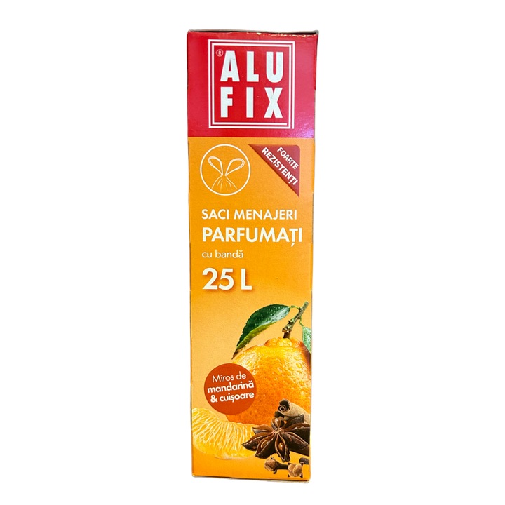 Ароматизирани торбички за почистване, с тиксо, 25л, 15 бр./ролка, мандарина и карамфил, ALUFIX