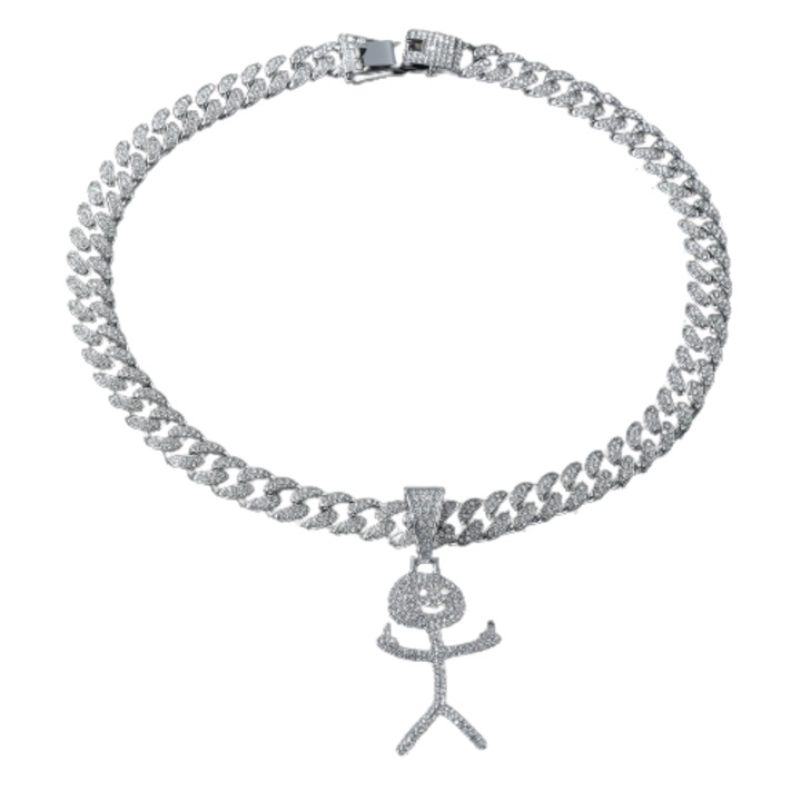 Lant model Cuban Chain cu pandantiv Hip Hop Diamond Iced Out in forma de figurina vulgara, pietre zirconiu, placat cu aur 18K, unisex, 50 cm, Tessero, argintiu