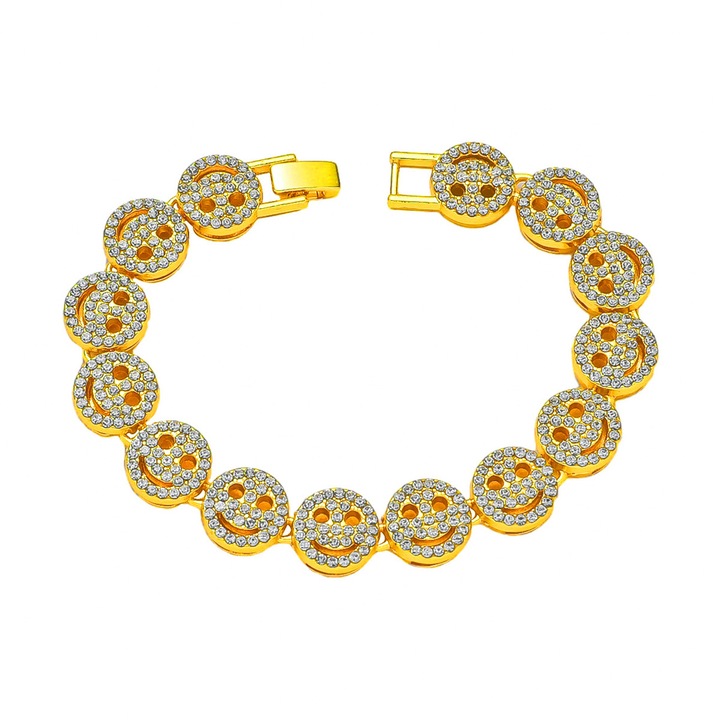 Bratara Hip Hop cu fata zambitoare, emoticon Smiley Face, inchidere clips, placat cu aur 18K, pietre zirconiu, unisex, Tessero, auriu