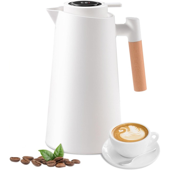 Termos, WALALLA, Polipropilena/Sticla/Lemn, Afisaj temperatura, 1L, Alb