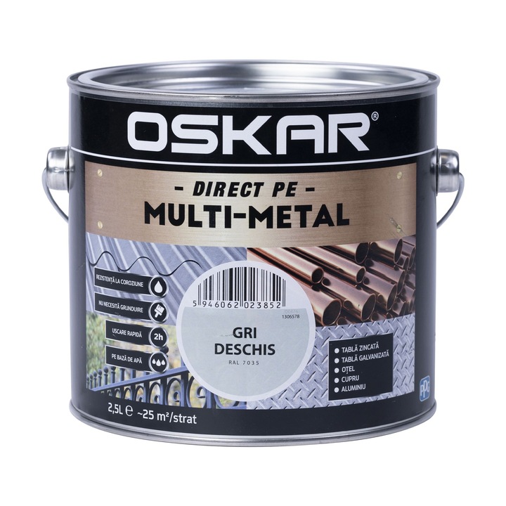 Vopsea acrilica Oskar multimetal, gri deschis, aspect satinat, 2.5 L
