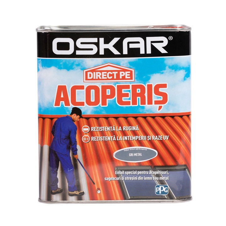 Email pe baza de solvent Oskar Direct pe Acoperis, gri metal, aspect lucios, 0.75 L
