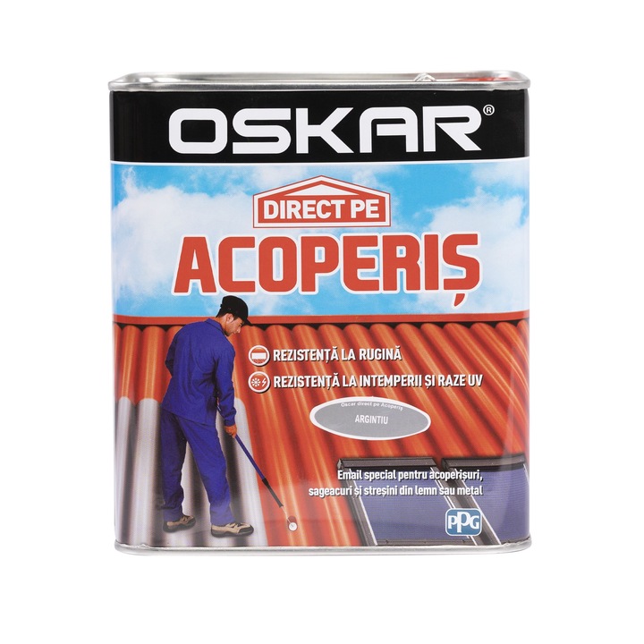 Email pe baza de solvent Oskar Direct pe Acoperis, argintiu, aspect lucios, 0.75 L