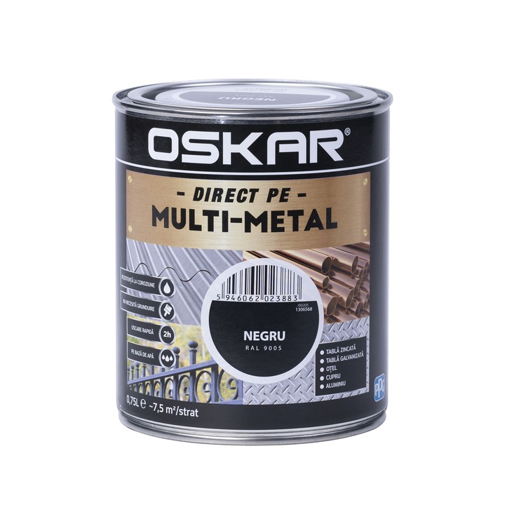 Vopsea acrilica Oskar multimetal, negru, aspect satinat, 0.75 L