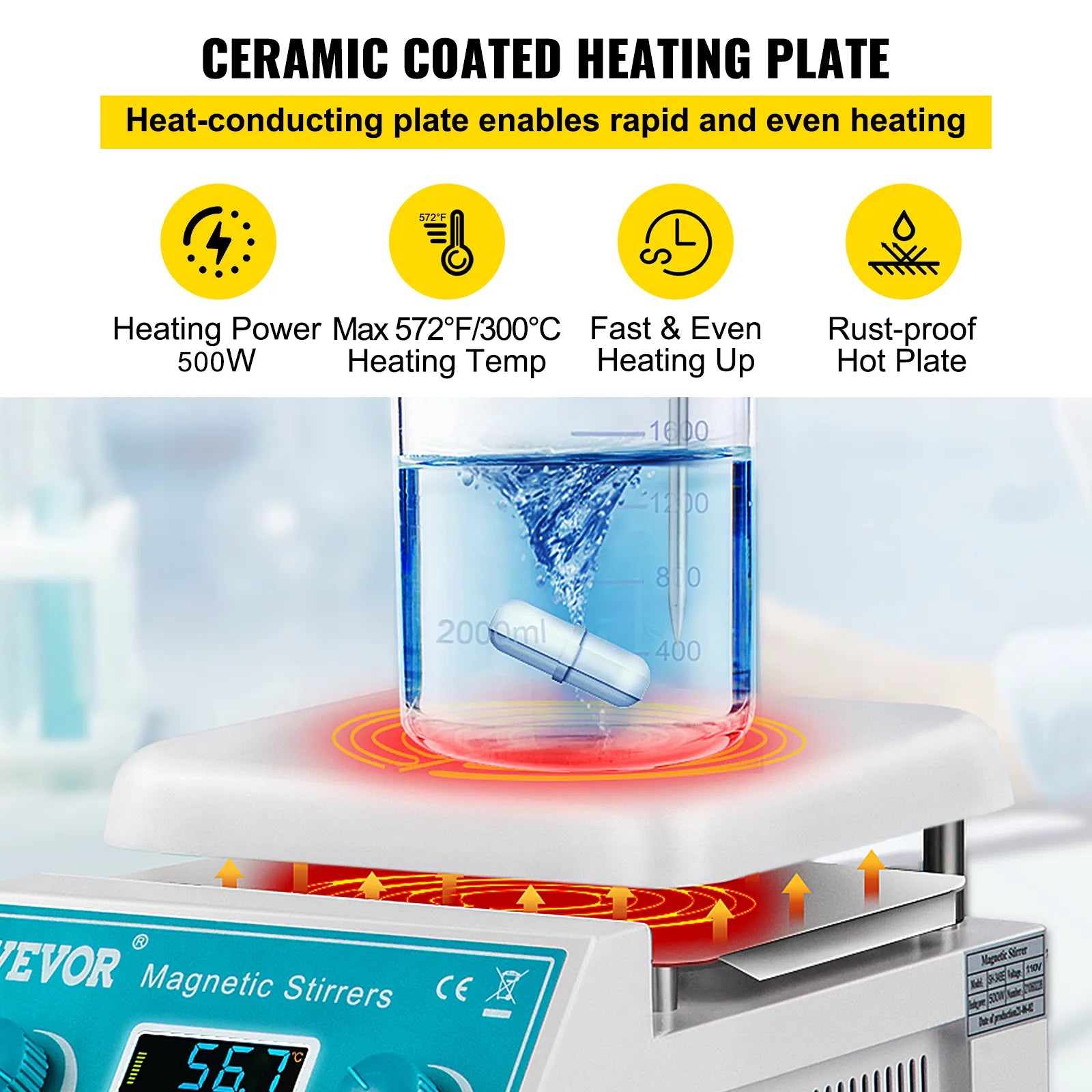 Agitator magnetic, Vevor, 2L, 220V, 500W, 2000rpm, display LED, cu