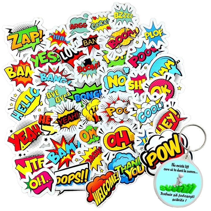Set Stickere simpatice adezive 49 bucati Waterproof Pvc, Emoticoane expresii cool, 7 cm si breloc succes
