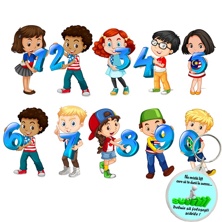 Set Stickere educationale copii si cifre, Model Albastru, pvc autocolant, 70x90 cm si breloc succes
