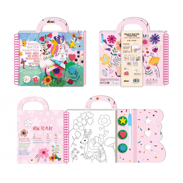 Cea mai mare Carte de pictat cu apa, sabloane, stampile si jocuri, portabila - Gradina fantastica si animale