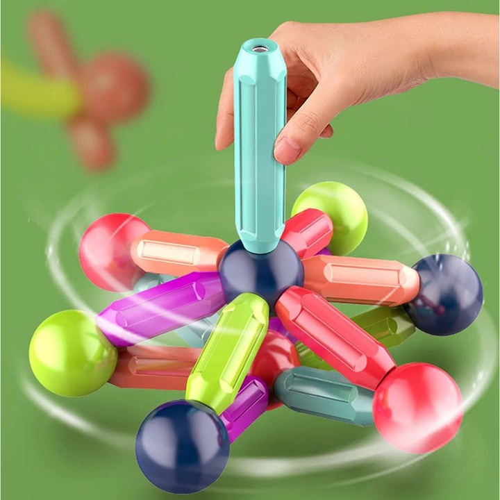 Joc educativ de constructie Magnetic Sticks cu bile si bete magnetice, 108 Piese, STEM, pentru Adulti si Copii 3+