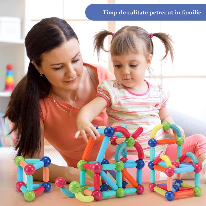 Joc educativ de constructie Magnetic Sticks cu bile si bete magnetice, 108 Piese, STEM, pentru Adulti si Copii 3+