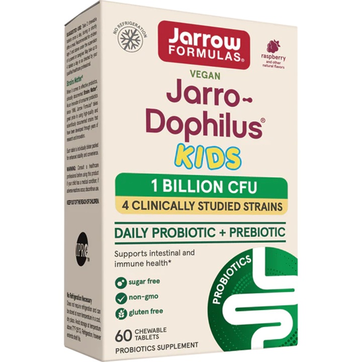 Supliment Alimentar pentru Copii, Jarrow, Jarro-Dophilus Kids, 1 Miliard CFU, 4 Tulpini de Probiotice, fara Gluten, Vegan, 60 tablete masticabile