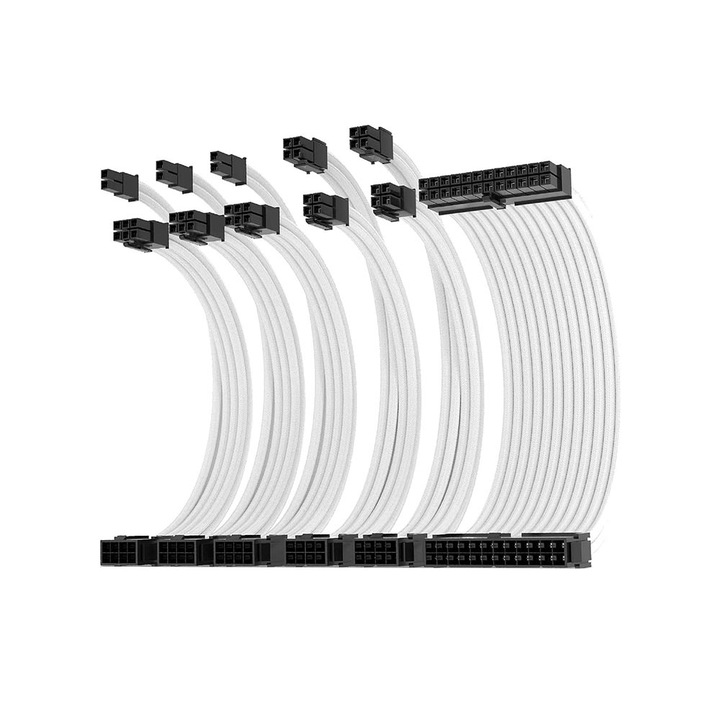 Комплект удължителни кабели за захранване ATX, Asiahorse, 1x 24-пинов ATX, 3x 6+2-пинов графичен процесор, 2x 4+4-пинов процесор, текстилна мрежа, 18AWG, бял, 30 см
