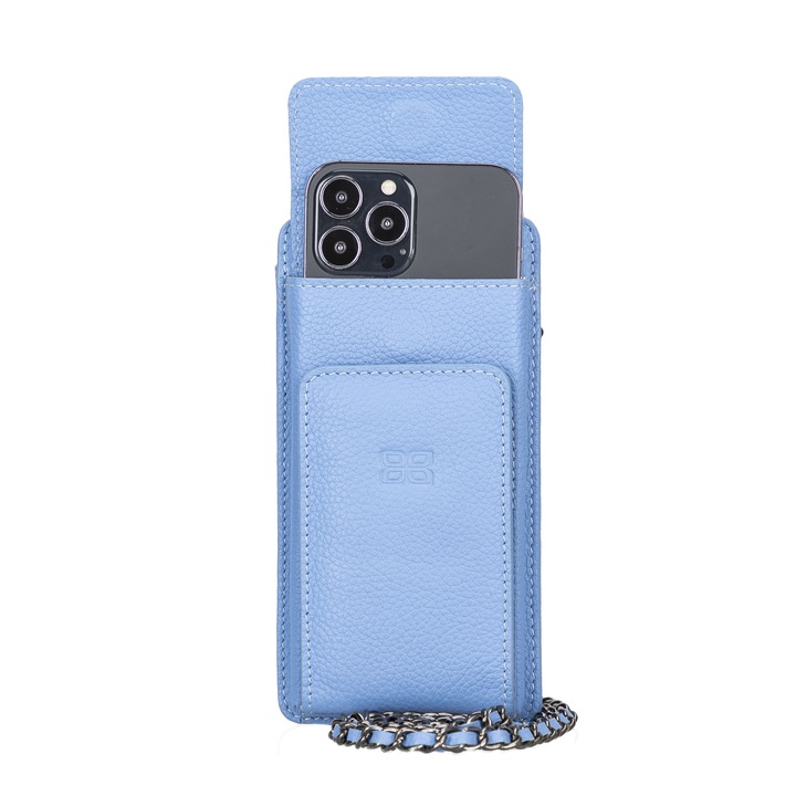 Husa portofel, Geanta universala crossbody din piele naturala premium pentru telefoane pana 175mm, Bouletta Avjin, culoare Light blue