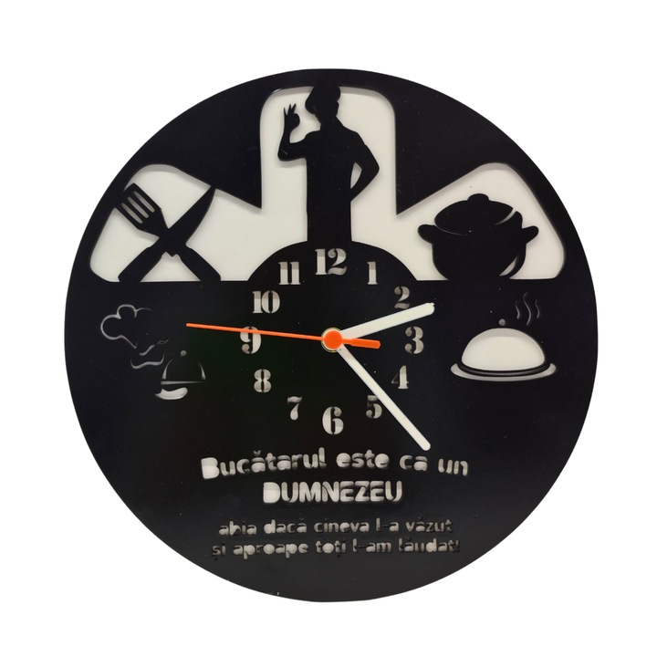 Ceas de perete decorativ din lemn 2 staturi-model tematic - Bucatarul este ca un Dumnezeu, 30 cm cu mecanism, baterie 1xAA, negru + alb