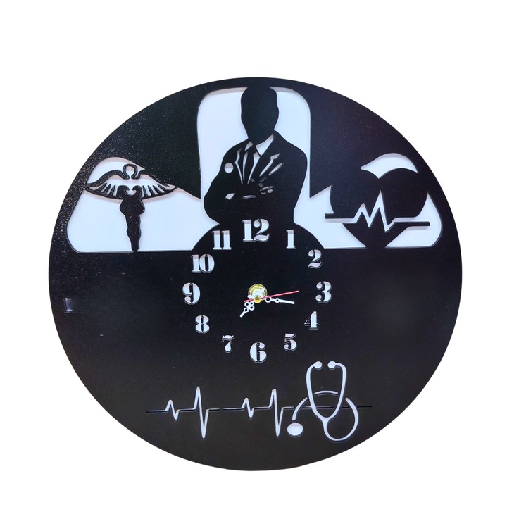 Ceas de perete decorativ din lemn 2 staturi - Medic, Doctor, Cardiologie, 40 cm, cu mecanism, baterie 1xAA, negru + alb
