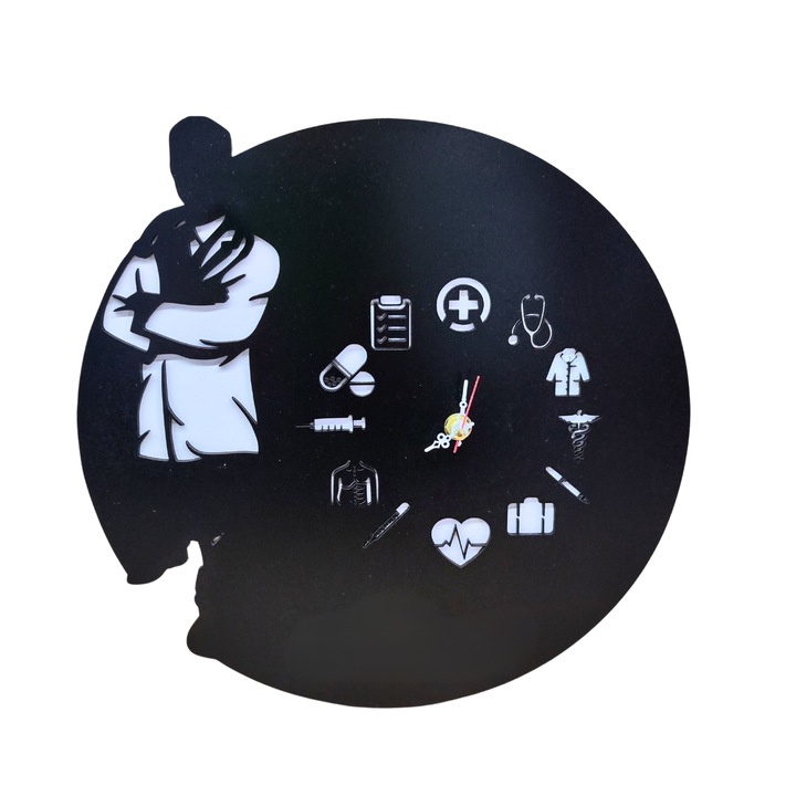 Ceas de perete decorativ din lemn 2 staturi-model tematic - Medic, Doctor, Asistent, 30 cm cu mecanism, baterie 1xAA, negru + alb