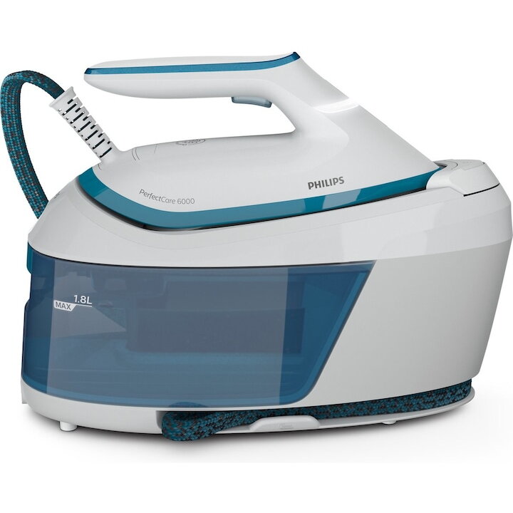 Statie de calcat cu abur, cu boiler Philips PerfectCare seria 6000 ‎PSG6022/20, talpa SteamGlide Plus, presiune pompa max. 6.5 bari, abur 130g/min, jet de abur 500g, capacitate rezervor detasabil 1.8l, tehnologia OptimalTEMP, Alb