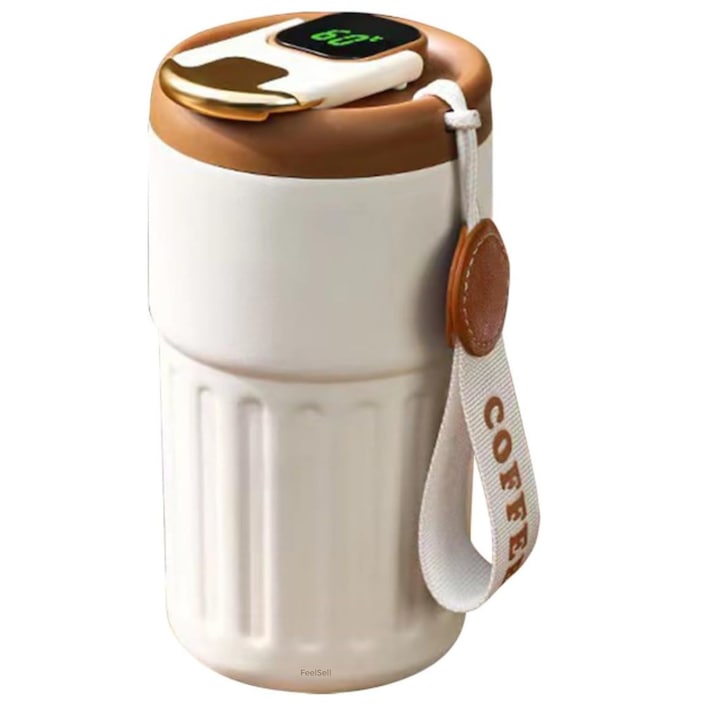 FeelSell Smart termosz hőmérséklet kijelzővel, LED, rozsdamentes acél hordozható kávésbögre, 18 órás hőmérséklet-tartás, kávé, víz, tej, hordozható, 450 ml, barna